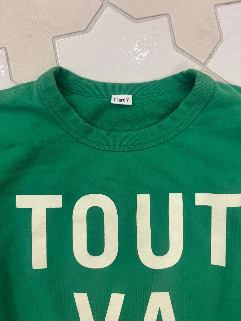 Clare V 'TOUT VA BIEN' Graphic Crewneck Sweater - size L - Picture 4 of 7